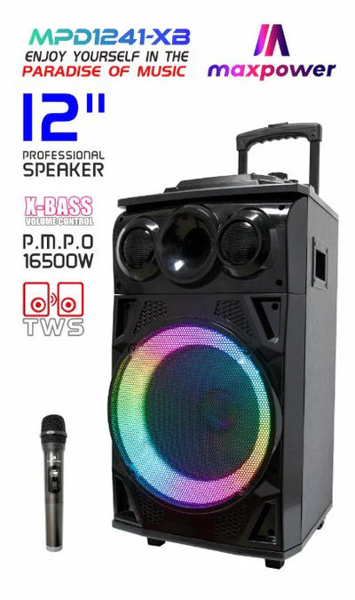 MaxPower 12"X1 WITH X-BASS VOLUME CONTROL/ REMOTE/ BT/FM/USB/EQ/LED LIGHT ON/OFF/WIRELESS MIC (1102786)
