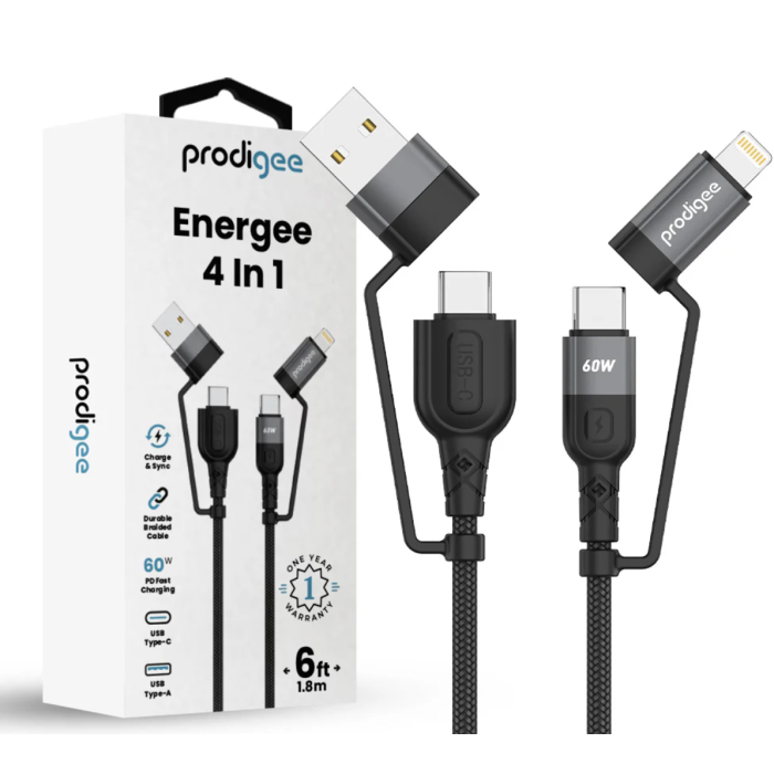 Prodigee Energee 4 in 1 6ft USB Cable 60W (CtoC, CtoLightning, AtoC, AtoLightning) ENERG-4in1 ( 1107603) (MSRP $49.99)