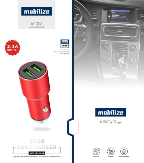Mobilize Mini High Power Metal Dual Port USB Car Charger 5V/3.1A With Unique Safety Auto-ID - Micro (9477)