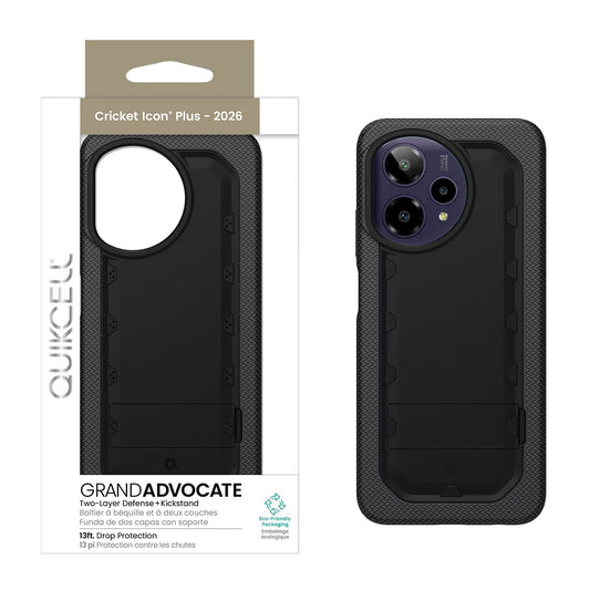 Quikcell Cricket Icon Plus – 2026 GRAND ADVOCATE Dual-layer Kickstand Case Armor Black (1103205) (MSRP $59.99)